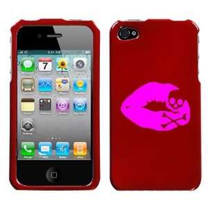 APPLE IPHONE 4 4G PINK SKULL LIPS ON A RED HARD CASE COVER