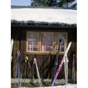  Skis Outside Wooden Building, Gola, Norway, Scandinavia 