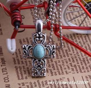 turquoise antique silver hollow out cross Retro pendant chain bead 