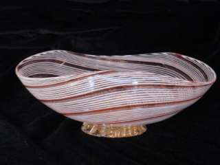 Venetian latticino footed bowl red & white with gold  