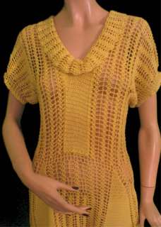 Vtg 30s Yellow Crochet Knit Peek A Boo Dress S M See Thru  