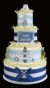Tier Personalized Nautical Lighthouse Diaper Cake  