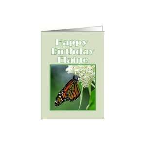   Birthday, Elaine, Monarch Butterfly on White Milkweed Flower Card