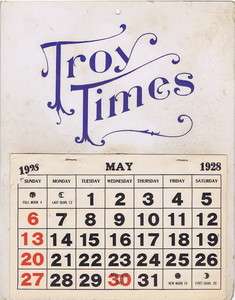 Antique 1928 Troy, NY Times Calendar  