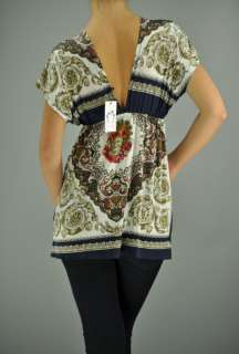 MM APPAREL Blue Plunging V Neck Ethnic Indian Print Empire Waist Tunic 