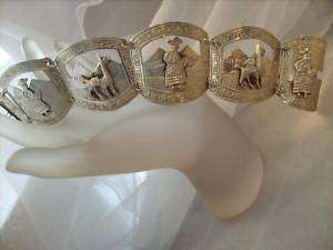 Vintage Peruvian Lama Sterling Silver 5 Panel Cuff Bracelet  
