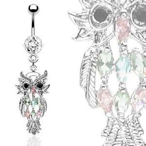Owl Belly Ring with Assorted Marquise Gems   14G   3/8 Bar Length 