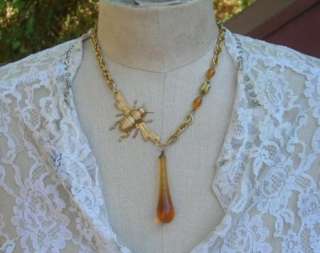   Artisan Chandelier Honey Bee Amber Glass Necklace Bumblebee Upcycled