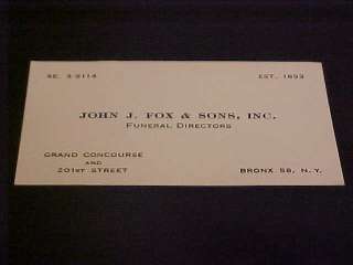 VINTAGE CALLING/BUSINESS CARD JOHN J FOX & SONS FUNERAL DIRECTORS 