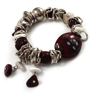   Silver Tone Burgundy & White Glass Bead Charm Flex Bracelet Jewelry