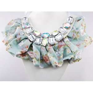   Bib Ruffle Trim Aurora Boreale Crystal Gem Collar Necklace Jewelry