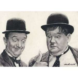  Laurel and Hardy Portrait Charcoal Drawing Matted 16 X 20 