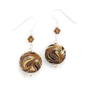French Wire Earrings with Austrian Crystals and Brown Swirl Glass Bead