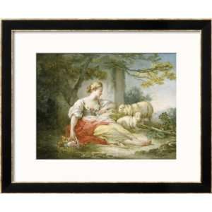  Shepherdess Seated with Sheep and a Basket Framed Art 