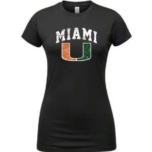  Miami Hurricanes Black Womens Arch Distressed T Shirt 