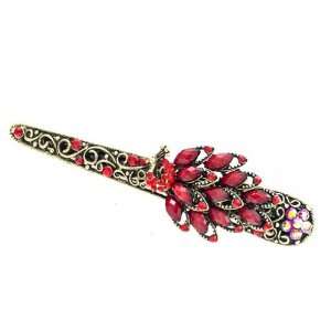  Antique Brass with Rhinestones Alligator Clip Peacock Red Beauty