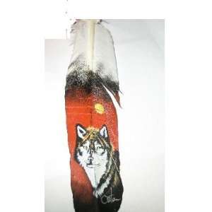  Original Wolf Painting on a Single Turkey Feather 