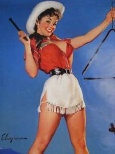 ELVGREN PINUP COWGIRL ART BEAUTY RINGING THE DINNER BELL ON RANCH COME 