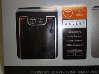 NEW T Tech By Tumi Genuine Leather Wallet And Reusable Tin 6 Credit 