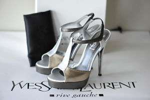 YSL SILVER PEWTER TRIBUTE 105 SIENA PL SANDAL SHOE NEW  