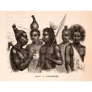  1872 Wood Engraving Africa Wanyamwezi Tribe Spear Ax Native People 