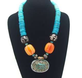Vintage Tribal Pendant Necklace Turquoise Color Disks Orange Bead 