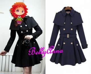   Double Breasted Cape Trench Coat Jacket Wool Overcoat Outwear  