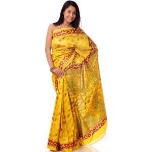  Yellow Sari from Kolkata with Paisley Print   Pure Silk 