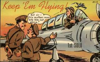 CURT TEICH Linen Comic Aviators Pilots in Old Airplane Postcard  