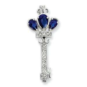  Sterling Silver Blue Glass & CZ Key Pendant Jewelry
