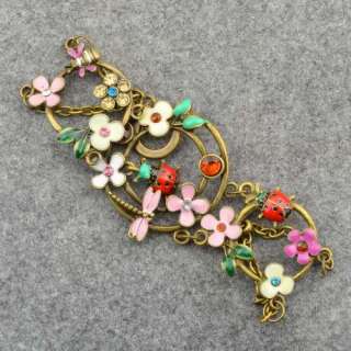 Vintage Retro Copper Enamel Flower Dragonfly Diamante Bangle Bracelet 