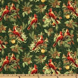  44 Wide Mistletoe Cardinals Green Fabric By The Yard 