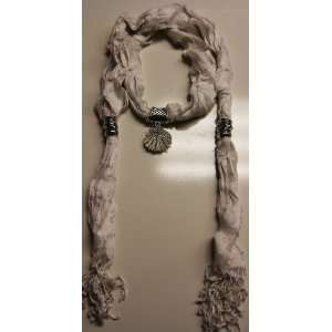  White Fashion Scarf with Bejeweled Shell Pendant 