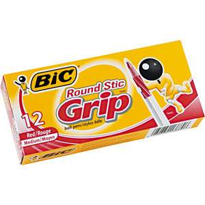 Bic Round Stic Grip Medium Point Ball Pen Red 12 Count  