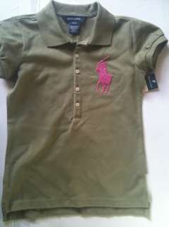 Ralph Lauren Girls Green Olive Pink Beaded Pony Polo Shirt Short 