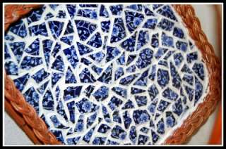   England BLUE CALICO STAFFORDSHIRE MOSIAC TILED WICKER TRAY Shabby Chic