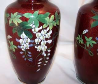 PAIR JAPANESE CLOISONNE & BASSE TAILLE FLORAL VASES  