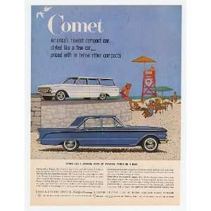  1960 Mercury Comet 4 Door & Station Wagon Beach Print Ad 