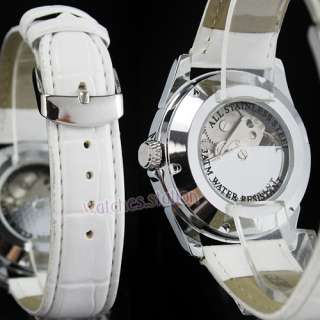 Elegant NEW Mechanical White Leather Band Automatic Womens Wrist Watch 