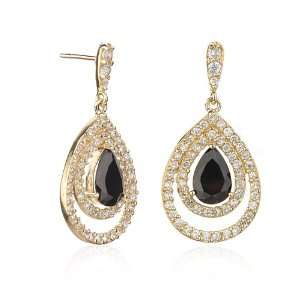    DOUBLE FRAME PEAR SHAPED BLACK CZ EARRINGS Cheline Jewelry