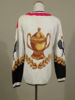 vtg 90s knit sweater tennis sport Queens Game bold motif padded 