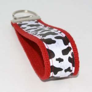  White Cow Print 5   Red   Fabric Keychain Key Fob Ring 