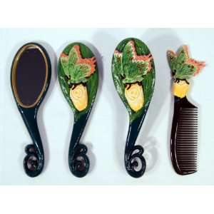   Green Butterfly Insect Hair Brush Mirrow Comb Set (Set Of 3) Beauty