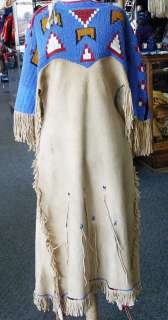 1940s 1950s Sioux Hide Beaded Dress Geometric Design Blue Medicine 