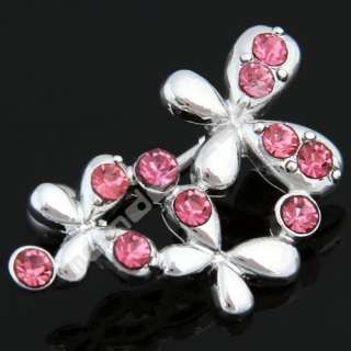 Pink Crystal 3 Butterflies Belly Navel Button Bar Ring  