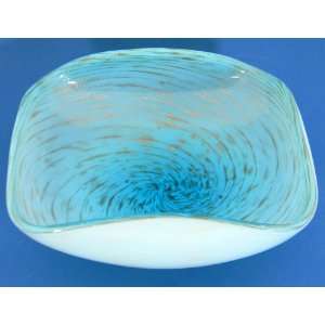  Murano Glass Bowl Folded Edge Square Blue Aventurine Swirl 