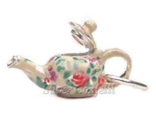 Sterling Silver CREAMY ROSE TEAPOT Opens FLORAL CHINTZ Charm or 