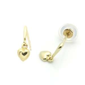   Plain Heart Drop Yellow Gold Earring W/ Safety Back For Kids & Teens