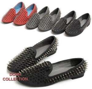 LADIES WOMEN BLACK GREEN RED LOAFERS SHOES FLAT SPIKE PUNK STUDDED 