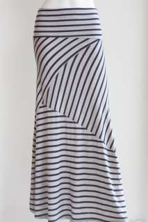 New Stripe Gray & navy Long Maxi fold over stretch knit Skirt womens 